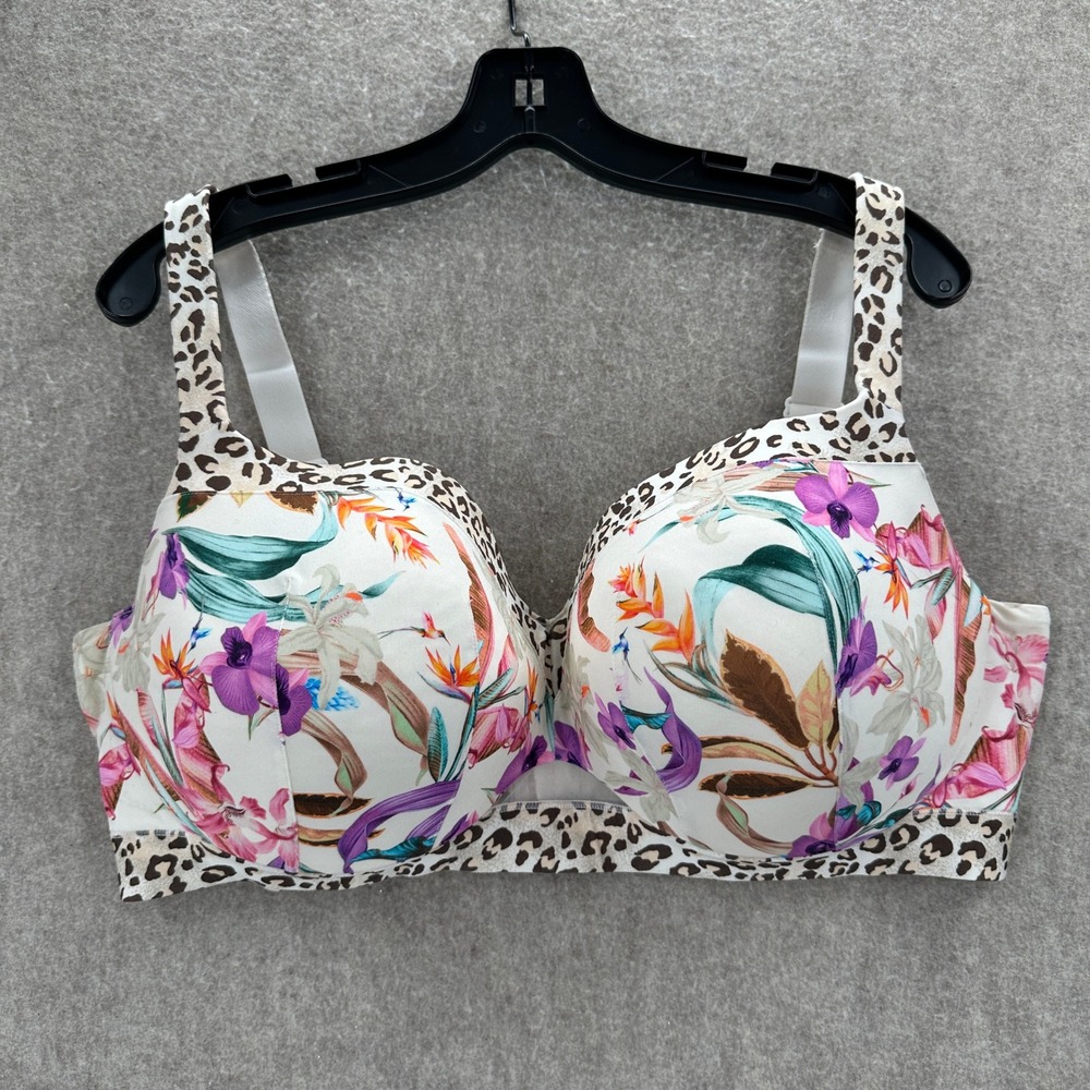 Cacique Balconette Bra Womens 42F White Tropical Floral Leopard Animal Print